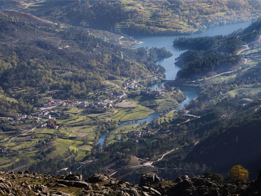 Valley with villages, fields and a reservoir in Peneda-Gerês National Park