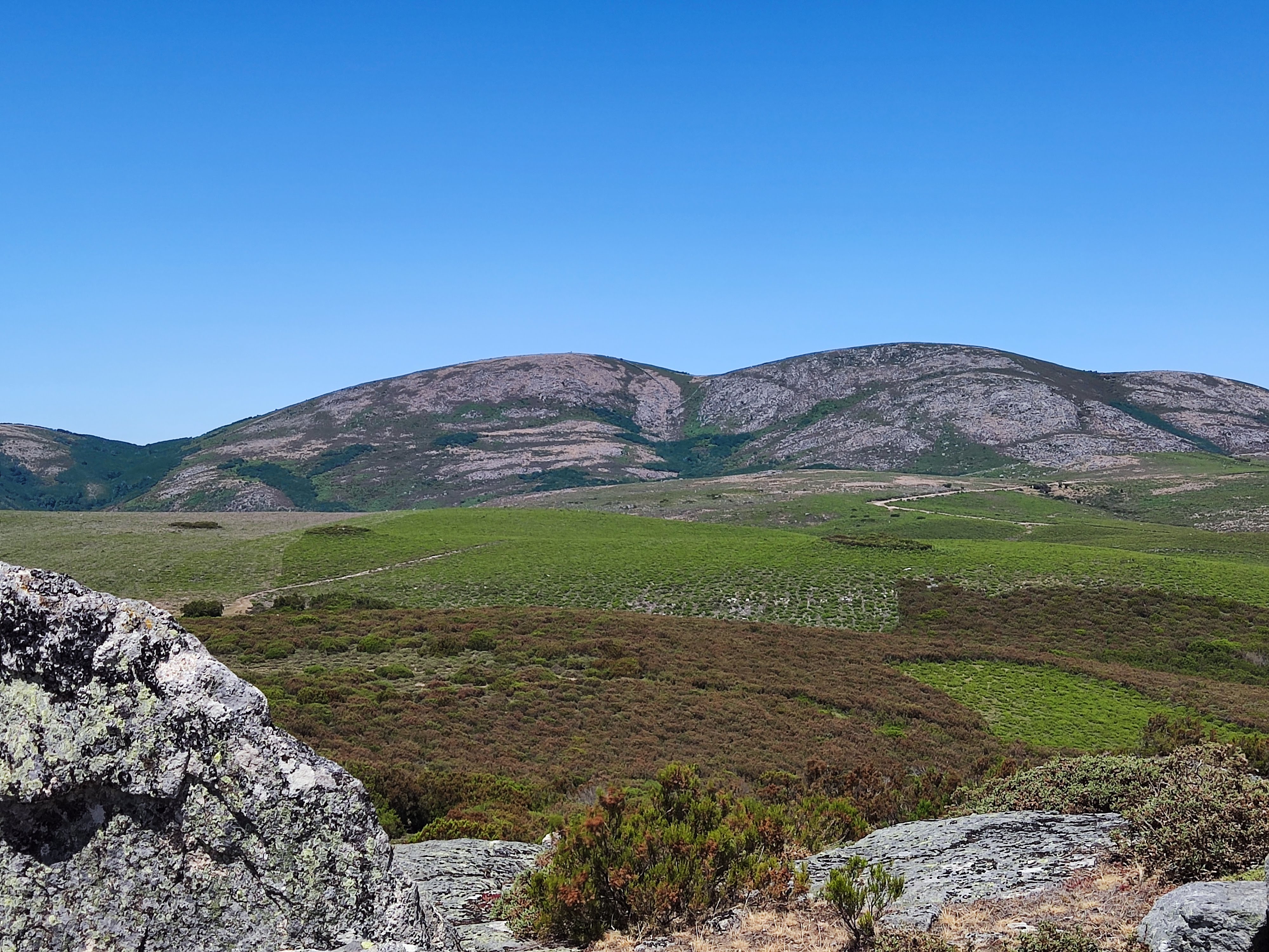 Remote mountain plateau covered in heather and low scrub, crossed by a narrow dirt track leading towards bare granite hills under a clear blue sky, with a lichen-covered boulder in the foreground