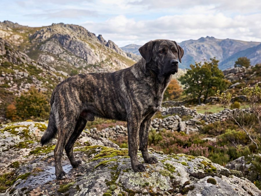 Cão de Castro Laboreiro tigrado sobre um penedo de granito nas serras do Parque Nacional da Peneda-Gerês